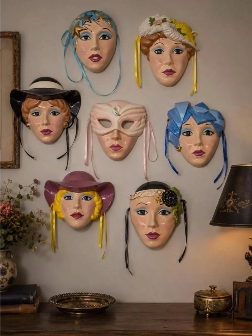 Decorative Vintage ceramic glamor girl mask wall hanging 1980s art deco